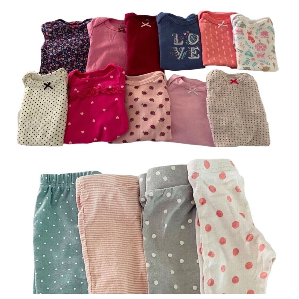 Lot (15) 0-3 Months Baby Girl Shirts Pants One Pc Floral Carters Long Slv